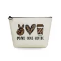 Canvas makeup bag for women, stylish travel cosmetic pouch with leopard coffee design. - Heart Coffee Leopard Print Style (sn3346)