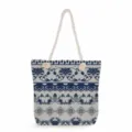 Blue and white porcelain pattern canvas tote bag detail, featuring durable thick rope handles. - Round Auspicious Fret Style (ms3576)