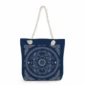 Blue canvas tote bag detailed view featuring intricate white mandala pattern and rope handles. - Mandala Ethnic Geometric Style (ms3577)