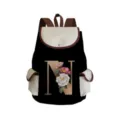 Letter printed canvas backpack casual daypack with floral design for daily travel and school use. - Black Letter N Style