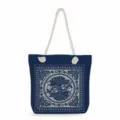 Detail view of the blue canvas tote bag with traditional Chinese fish pattern and rope handles. - Chinese Fish and Butterfly Style (ms3579)