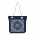 Detailed view of the blue canvas tote bag with traditional print and thick rope handles. - Traditional Retro Phoenix Style (ms3581)