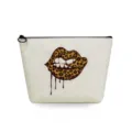 Detailed view of portable canvas cosmetic bag with stylish leopard print biting lips graphic. - Leopard Bite Lips Print Style (sn3352)