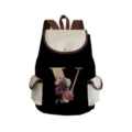 Canvas backpack with floral letter V print, casual retro daypack for women and girls daily use. - Black Letter V Style