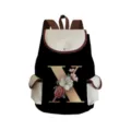 Detail view of the black canvas backpack featuring a floral letter X print and brown straps. - Black Letter X Style