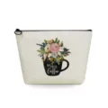 Portable travel makeup bag for women, stylish floral coffee cup printed cosmetic pouch wash bag. - Coffee Floral Print Style (sn3361)