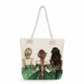 Τσάντα shopper από καμβά με σχέδιο αδελφών, casual τσάντα ώμου μεγάλης χωρητικότητας. - Γυναίκες με Πράσινα Φορέματα Πίσω Όψη (ms3504)