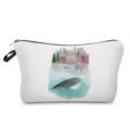 Detail view of a portable cosmetic makeup bag featuring a cute watercolor whale and town print. - Nordic Whale Style (hz2732)