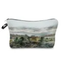 Scenic print cosmetic bag detail, durable zipper closure and portable hanging strap. - Ink Landscape (hz0149)