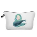 Detailed view of white cosmetic bag with watercolor whale girl print for travel use. - Long Hair Girl Style (hz2739)