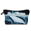 Detailed view of the watercolor whale cosmetic travel bag featuring a cozy winter house art print. - Snowy Night Whale Style (hz2742)
