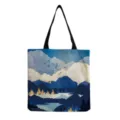Casual καμβάς τσάντα shopper με καλλιτεχνική εκτύπωση τοπίου βουνού, πρακτική και κομψή. - Στυλ Τοπίου Μπλε Χρυσό (hm3132)