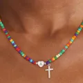 Collana Di Perline Colorate Con Lettera A E Ciondolo Croce Moda Gioielli Variante - Lettera A / Colore acciaio