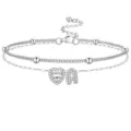 Bracelet de cheville argenté double couche avec cœur en zircon et pendentif lettre. - Argent A