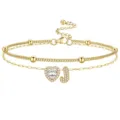 Bracelet de cheville doré multicouche avec pendentif cœur en zircon et lettre J élégant. - Or J