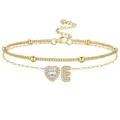 Jolie chaîne de cheville double dorée cœur zircon lettre E bijou réglable tendance - Or E