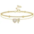 Chaine de cheville double en or avec coeur en cristal et pendentif lettre F bijoux. - Or F