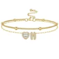 Bracelet de cheville doré double couche avec cœur en zircon et pendentif lettre H. - Or H