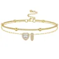 Élégante chaîne de cheville plaquée or à double rang avec pendentif cœur en zircon brillant. - Or I