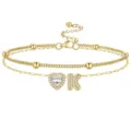 Chaîne de cheville dorée double couche avec cœur en zircon et lettre K, bijou ajustable. - Or K