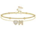 Bracelet de cheville double couche doré avec cœur en zircon étincelant et pendentif lettre M. - Or M