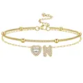 Chevillère plaquée or double couche avec cœur en cristal et pendentif lettre N, réglable. - Or N