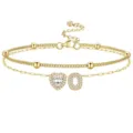 Chaîne de cheville dorée double couche avec cœur en zircone et pendentif lettre O, réglable. - Or O
