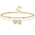 Chaîne de cheville dorée double cœur en zircon et lettre Q réglable pour femme élégante. - Or Q