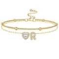 Chaine de cheville doree a deux rangs avec coeur en strass et pendentif lettre R pour femme - Or R