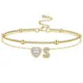 Chaine de cheville dore double couche avec pendentif cœur en zircon et lettre S elegante - Or S