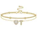 Bracelet de cheville double couche plaqué or avec cœur en zircon et pendentif lettre T. - Or T