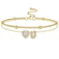 Bracelet de cheville doré double couche avec cœur et pendentif lettre U en zirconium. - Or U