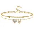 Bracelet de cheville double couche doré avec pendentifs cœur et lettre V en zircone, réglable - Or V