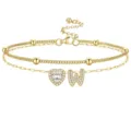 Bracelet de cheville double doré avec cœur en zircon et pendentif lettre W réglable. - Or W