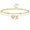 Bracelet de cheville doré à double couche avec cœur en zircon scintillant et lettre. - Or X