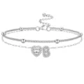 Chaîne de cheville double couleur argent avec cœur en zircon scintillant et pendentif lettre B. - Argent B
