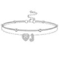 Bracelet de cheville multicouche argenté avec cœur en zircon et pendentif lettre J. - Style Lettre J / Argent