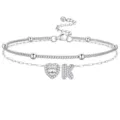 Chaine de cheville argentée double couche avec cœur zircone et pendentif lettre K réglable. - Style Lettre K / Argent