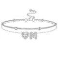 Bracelet de cheville double argenté avec cœur et pendentif lettre M en zircon - Style Lettre M / Argent