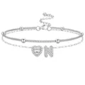 Chaine de cheville argentée multicouche lettre N avec pendentif cœur zircon et réglable. - Style Lettre N / Argent