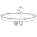 Joli bracelet de cheville argenté à double chaîne avec cœur en zircon et pendentif O. - Lettre O / Argent