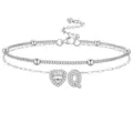 Chaîne de cheville argentée à double couche avec cœur en zircon et pendentif lettre Q. - Lettre Q / Argent