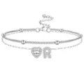 Chevillère argentée double couche avec cœur en zircon et pendentif lettre R pour femmes. - Lettre R / Argent