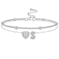 Bracelet de cheville double couche argenté avec cœur en zircon et pendentif lettre S - Lettre S / Argent