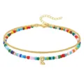 Gold Layered Colorful Seed Bead Initial E Anklet Fashion Summer Beach Foot Jewelry - Letter E