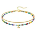 Colorful beaded layered anklet with gold letter pendant for women summer beach jewelry - Letter L