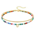Double-layer colorful beaded letter anklet with gold chain, stylish daily jewelry for women. - Letter O