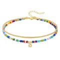 Colorful beaded double layer anklet with gold chain and letter S charm for women fashion - Letter S