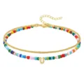Layered colorful beaded anklet with letter U charm, adjustable gold chain jewelry - Letter U
