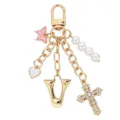 Portachiavi con lettera U dorata con perle e ciondolo a croce in strass scintillanti donna - Lettera V